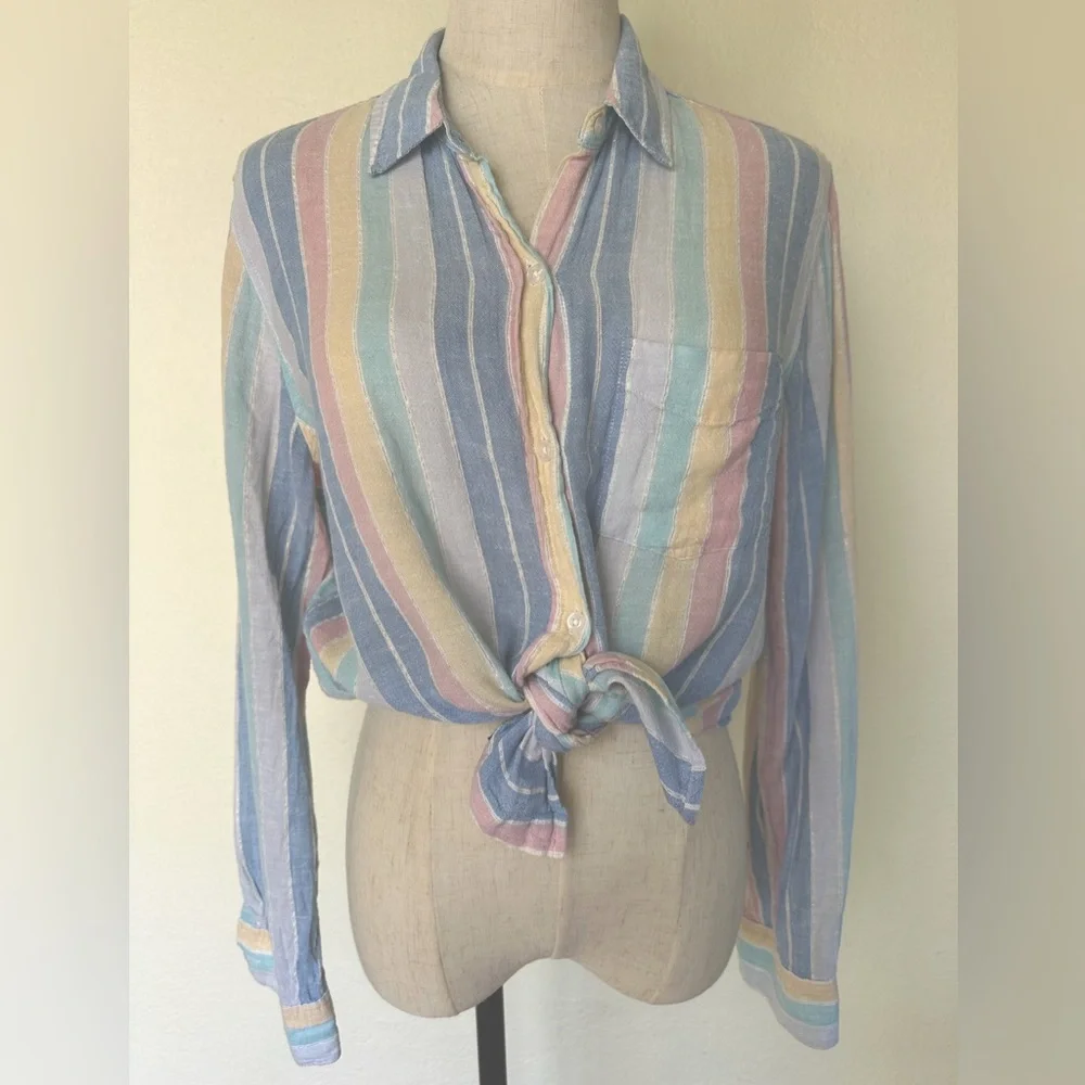 Rails “Charli” multi pastel striped long sleeve blouse rayon linen Size M - Picture 2 of 8